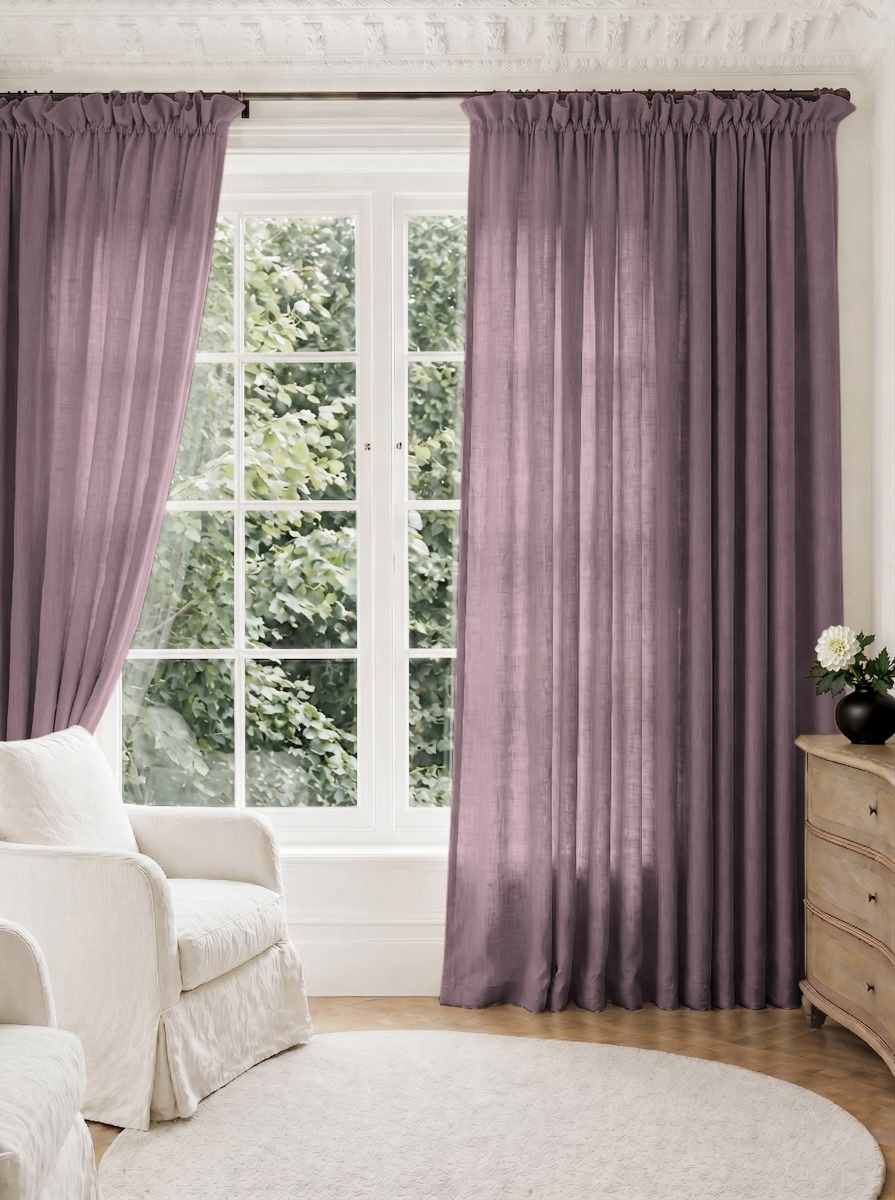 Purple Pleated Linen curtains for Living room. Made of pre-washed linen Bianco Plum by Ada & Ina.