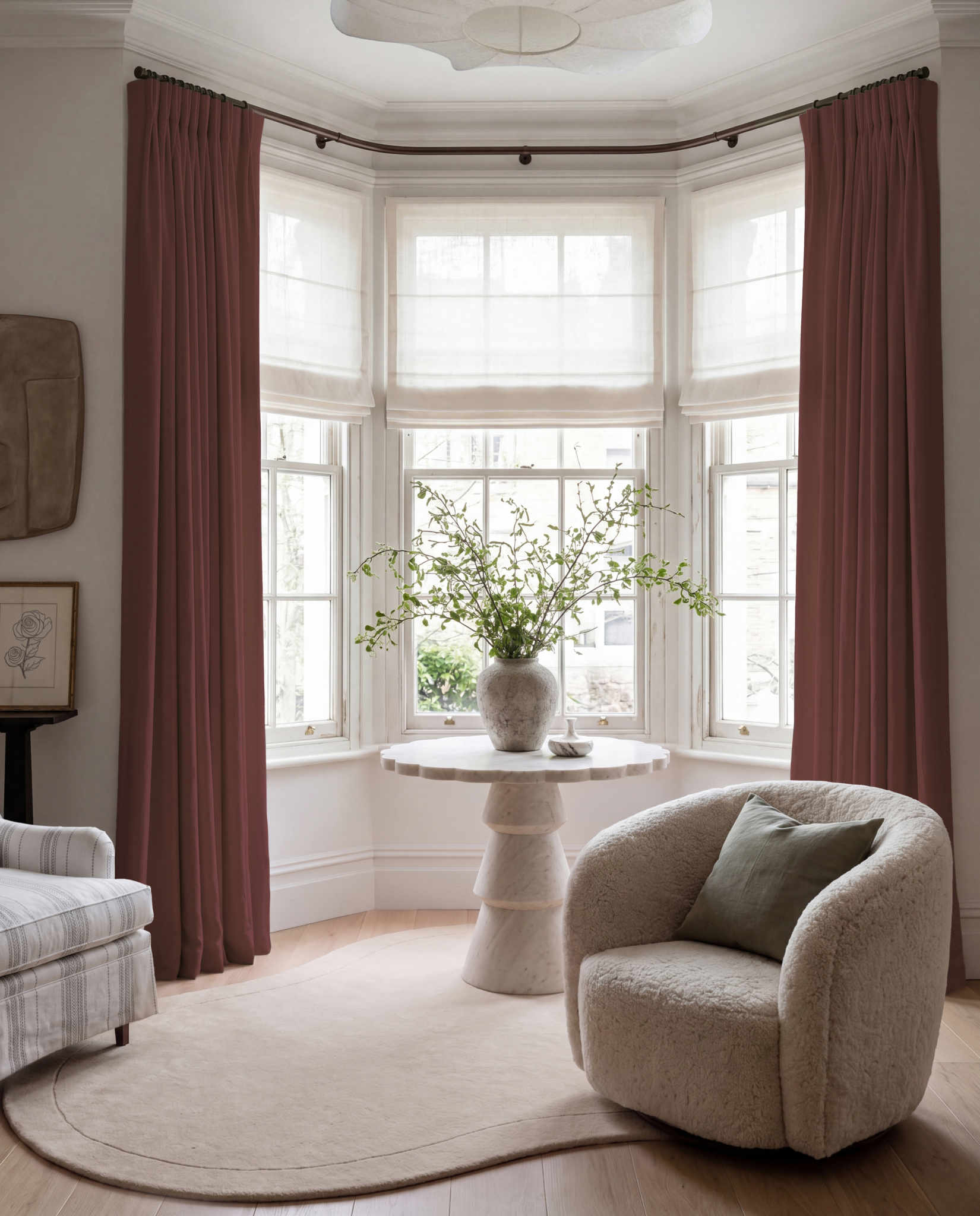 Red 100% Linen Bay window curtains. Bea Saffron by Ada & Ina
