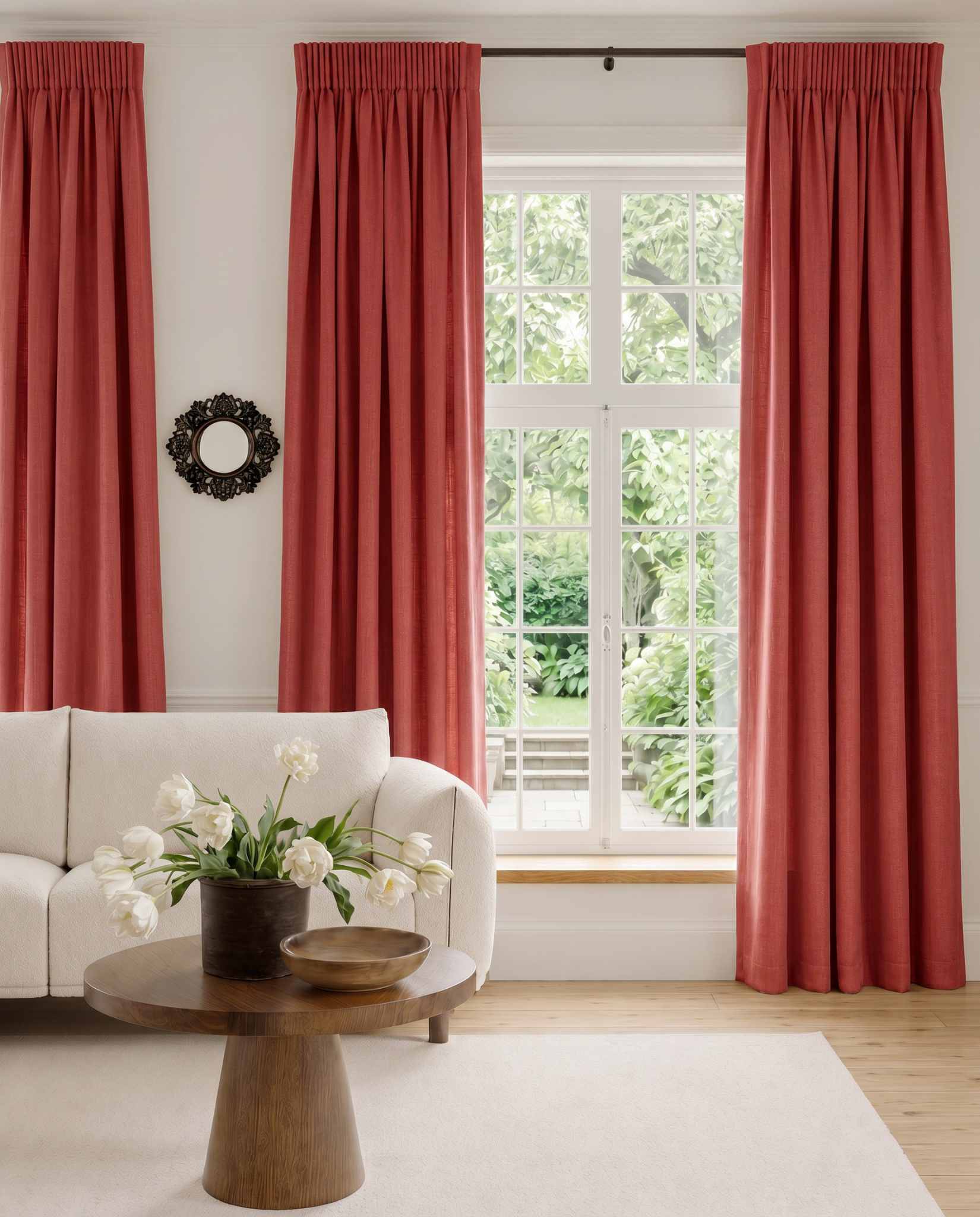 Red Linen curtains with pencil pleat heading. Soft Linen Cotton material. Enni Coral by Ada & Ina