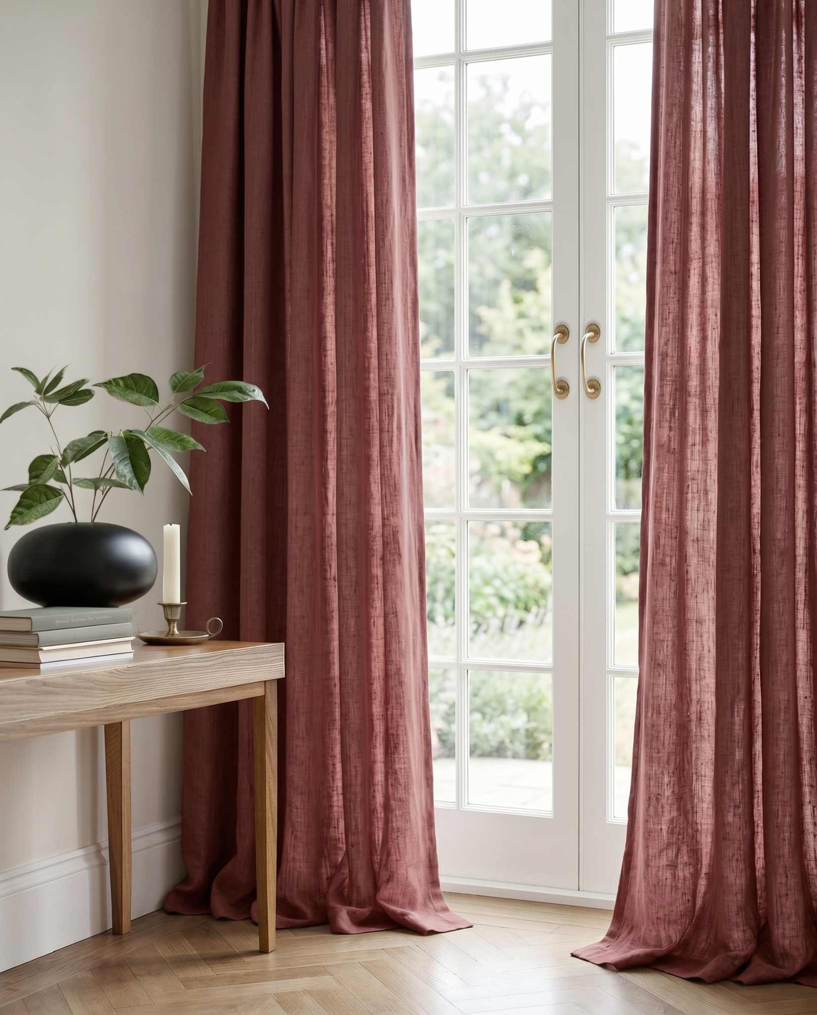 Red 100% Linen Curtains with puddling