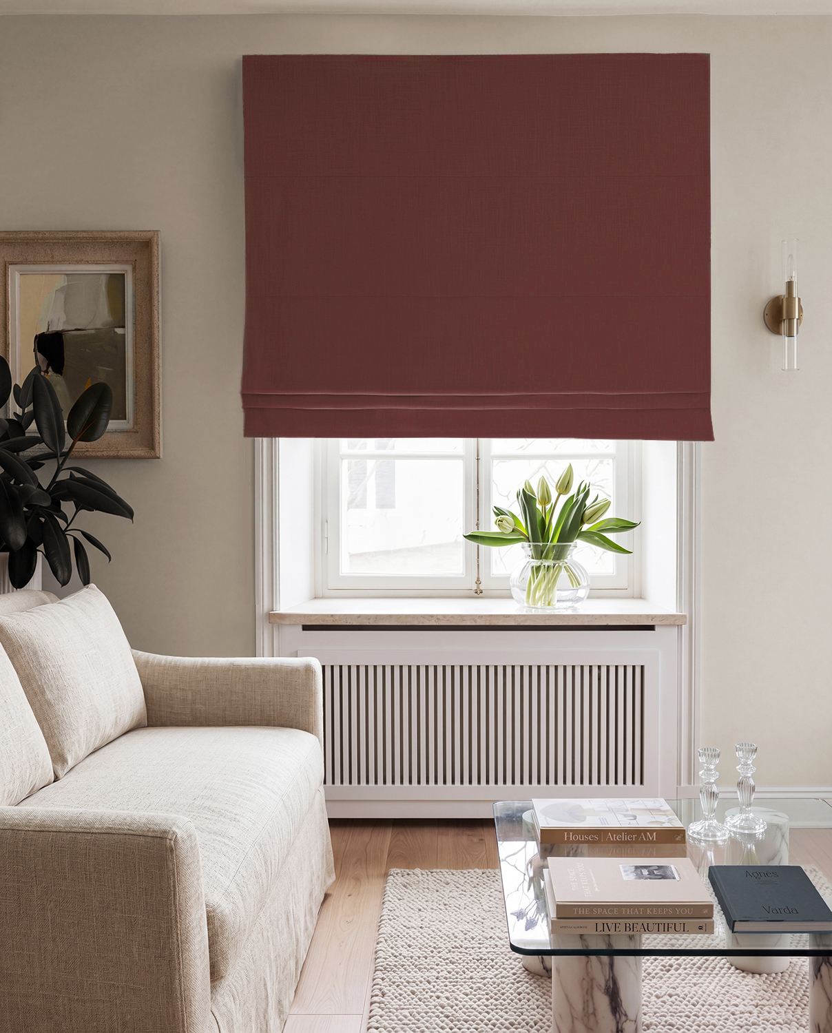Red 100% Linen Roman Blind with Blackout lining. Bea Saffron by Ada & Ina Fabrics
