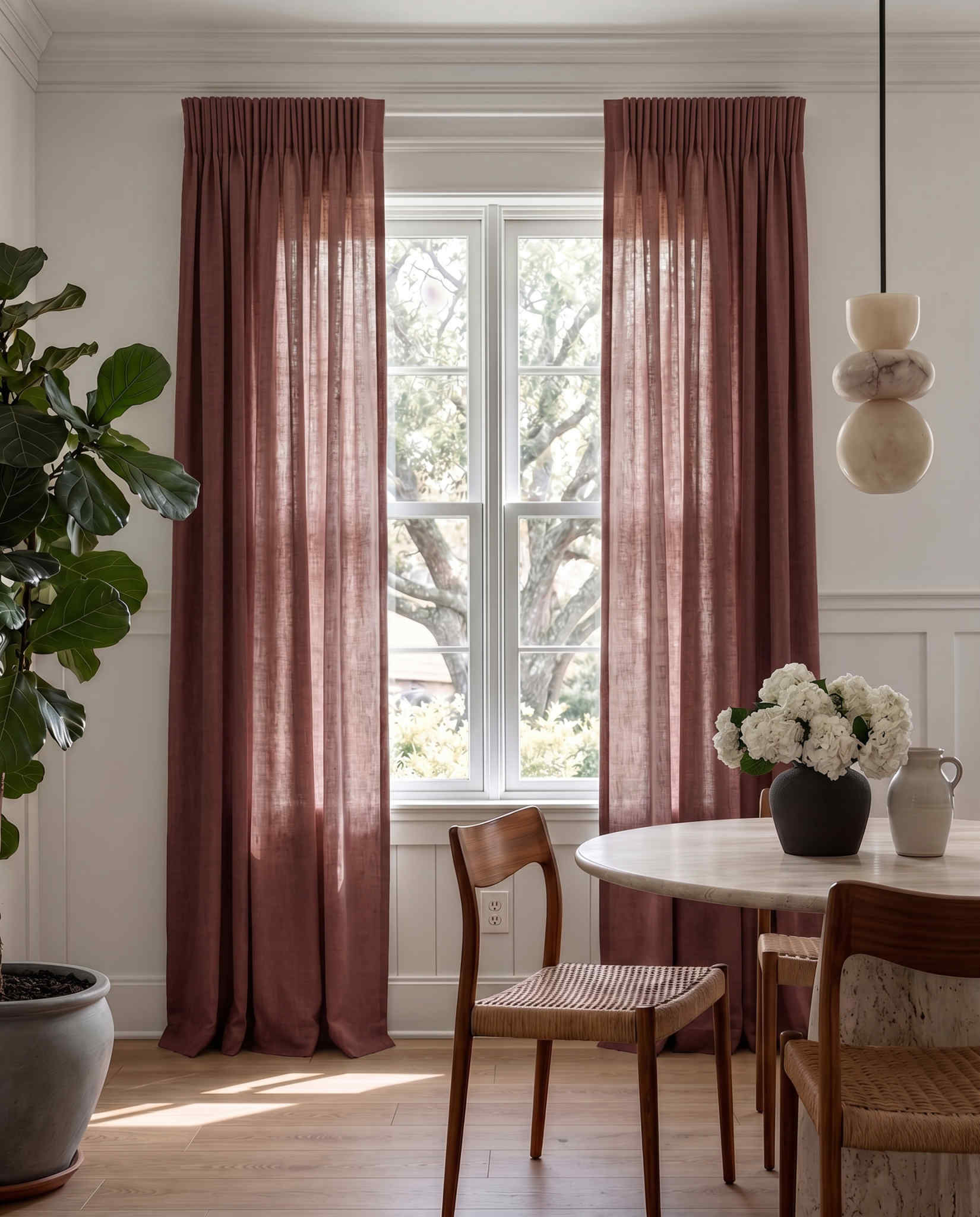 Red 100% Linen Unlined curtains - Pencil pleat heading. Bea Saffron by Ada & Ina
