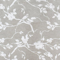 Rosebird White - Curtain fabric with white pattern of birds sitting on a tree