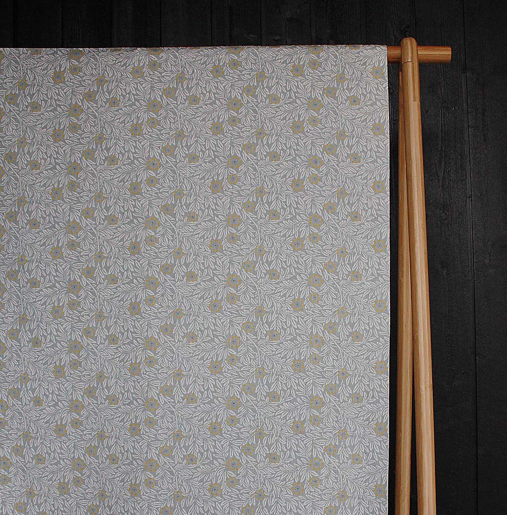 Ruth Dijon- Linen Curtain Fabric - Grey & Dijon Mustard Botanical Pattern