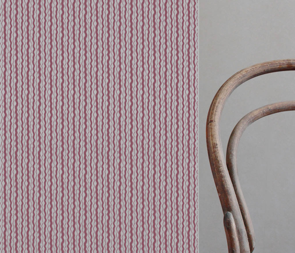 Safiya Wine - natural curtain fabric with Red abstract stripe print