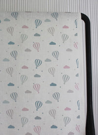 Sky Ride Pink - Linen fabric, Pink and Blue pattern with hot air balloons - Kids print!