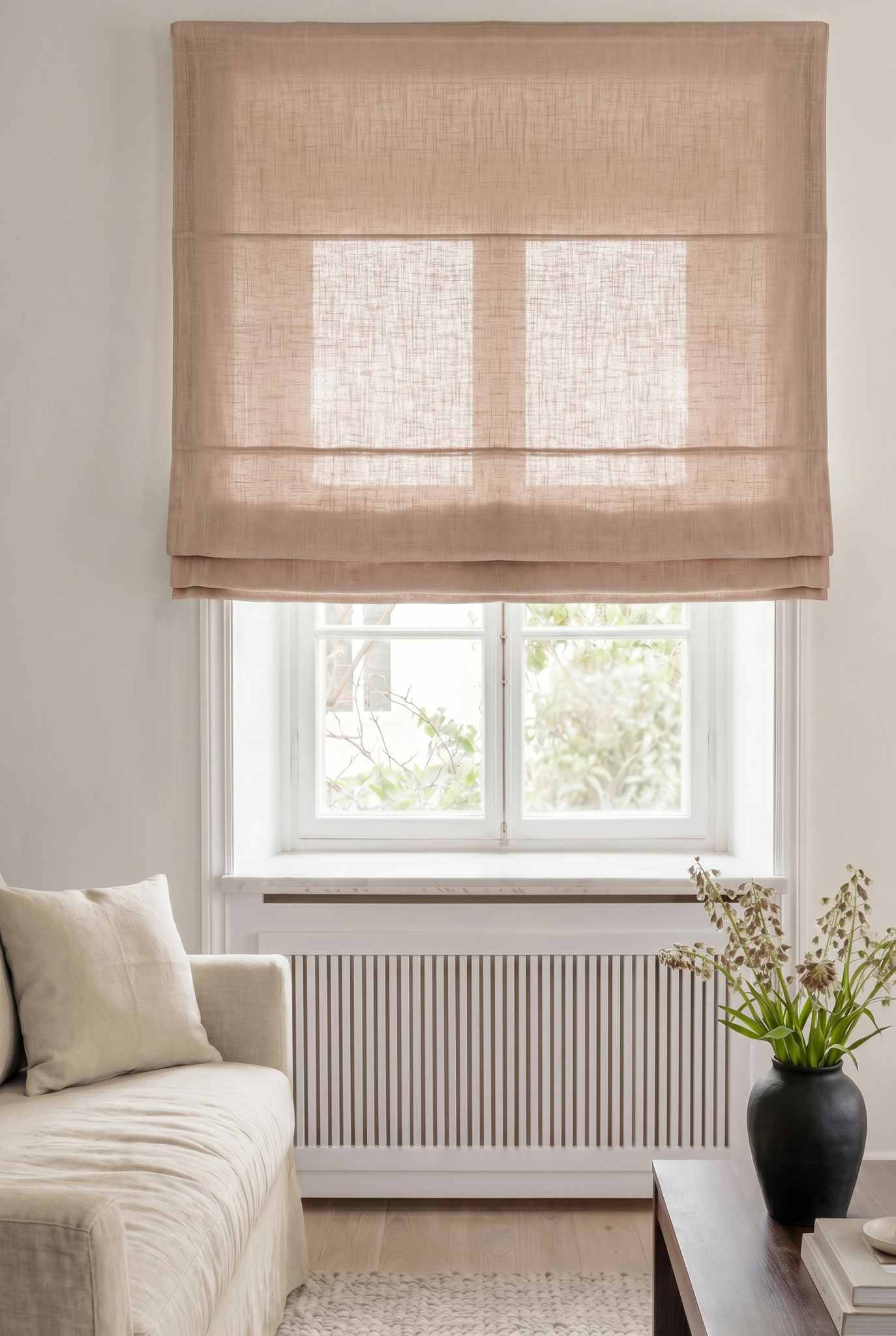 Subtle Pink Linen Roman blind. Linara Sandy Rose by Ada & Ina