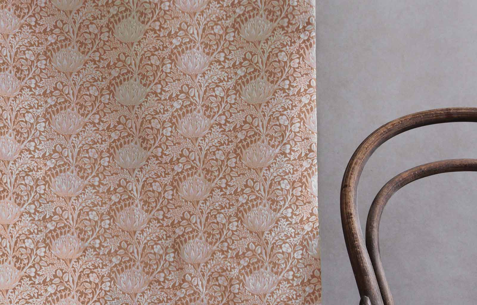 Katarina Terracotta - White linen fabric with Orange floral print