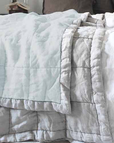 Trine Aqua-Natural Quilted Linen Bed Throw
