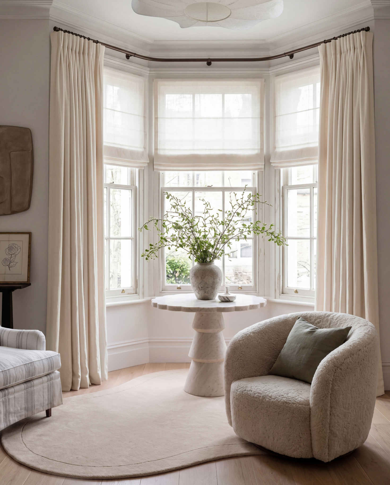 White 100% Linen Bay window curtains. Beata Bone White by Ada & Ina