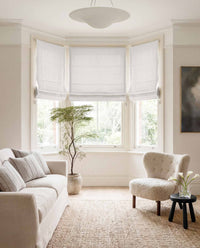 White Linen Bay window roman blinds for Living room and bedroom. Lined. Greta White.