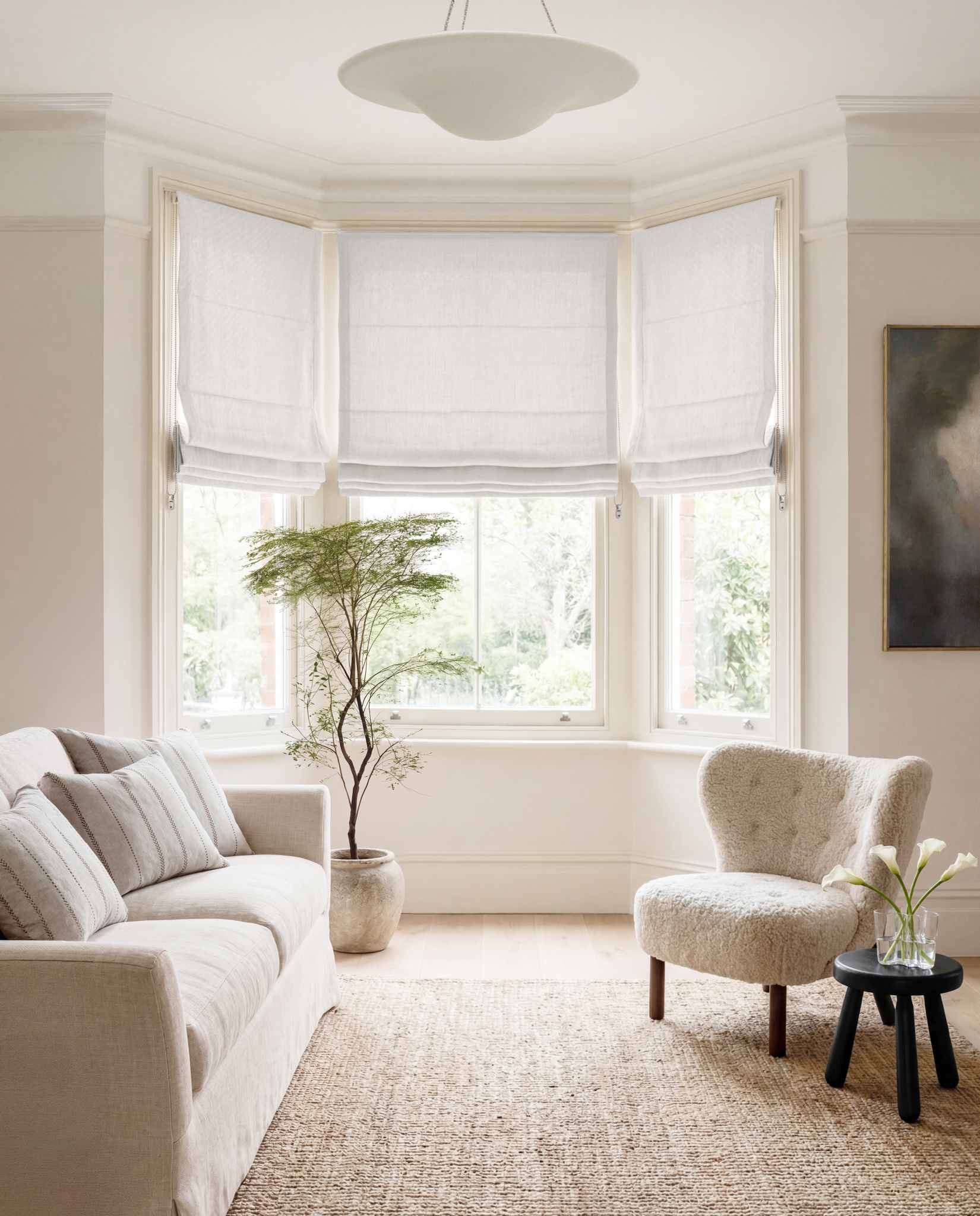 White Linen Bay window roman blinds for Living room and bedroom. Lined. Greta White.