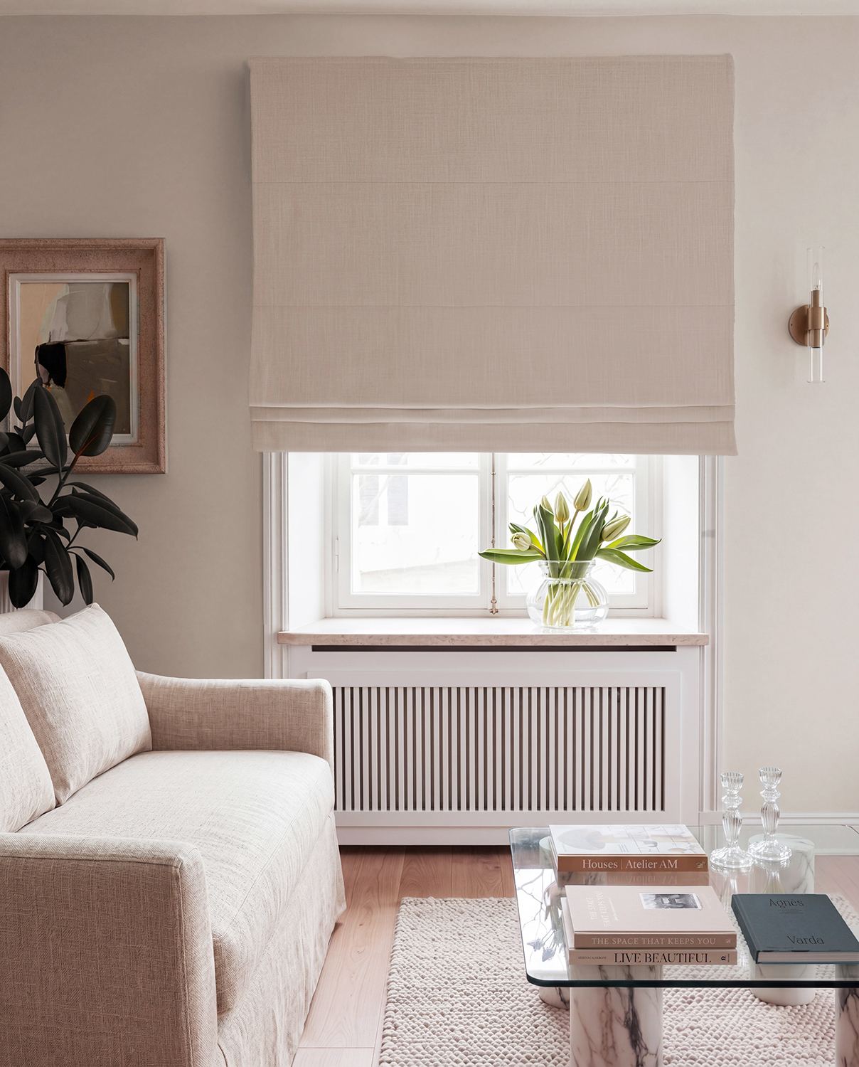 White Linen Roman Blind with Blackout lining. 100% Linen - Beata Bone White by Ada & Ina.