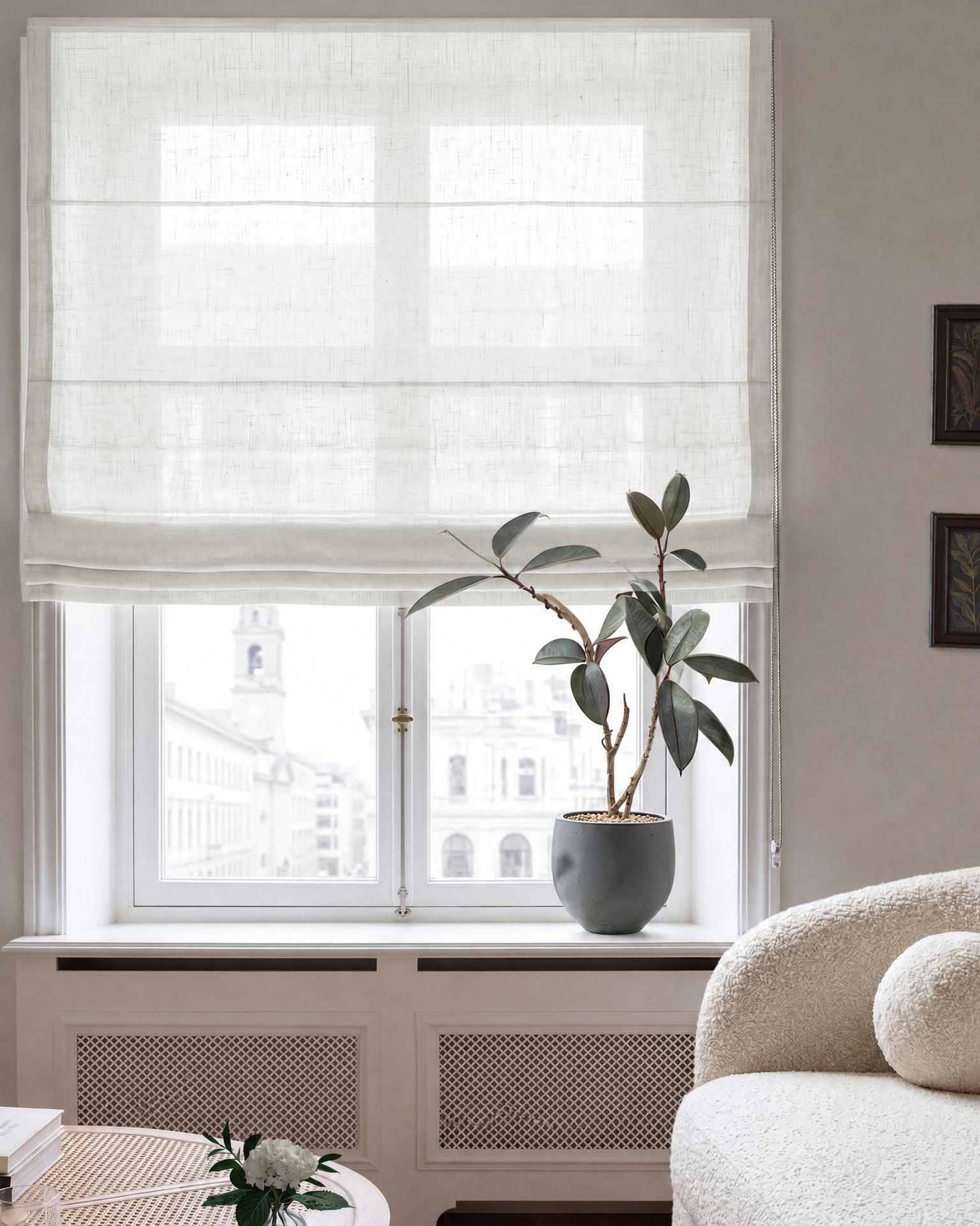 Pure white Roman blind. Made of soft pre-washed 100% Linen fabric - Lupe Brilliant White