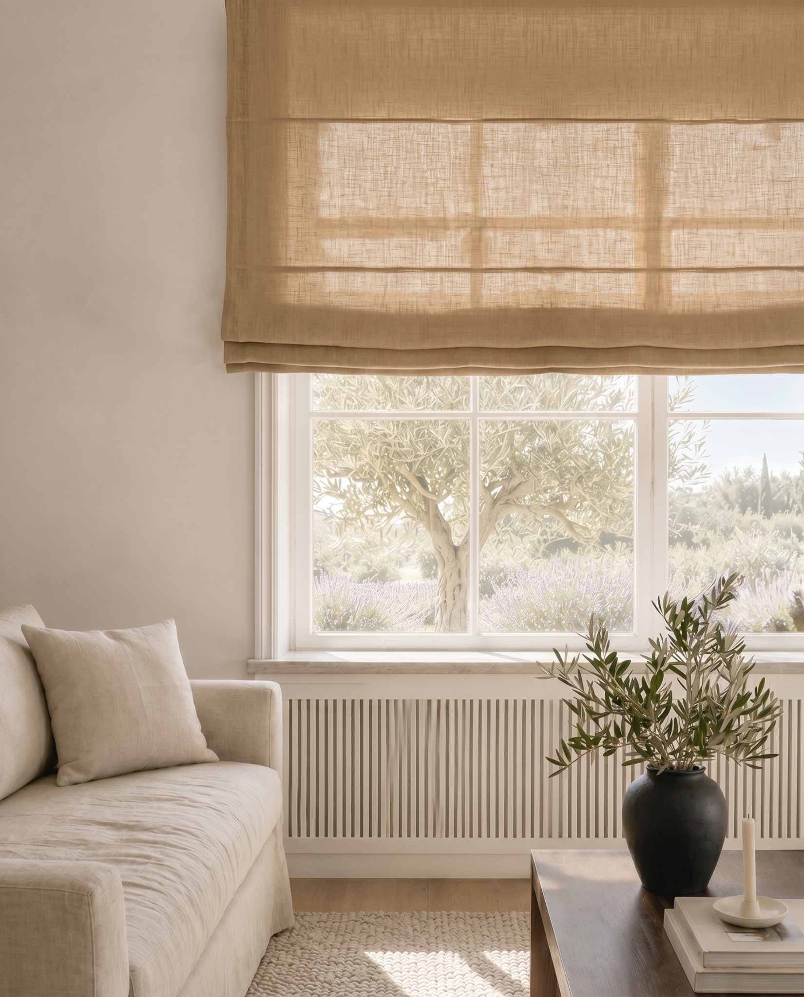 Yellow Linen Roman blind. Mariana Gold Rose by Ada & Ina