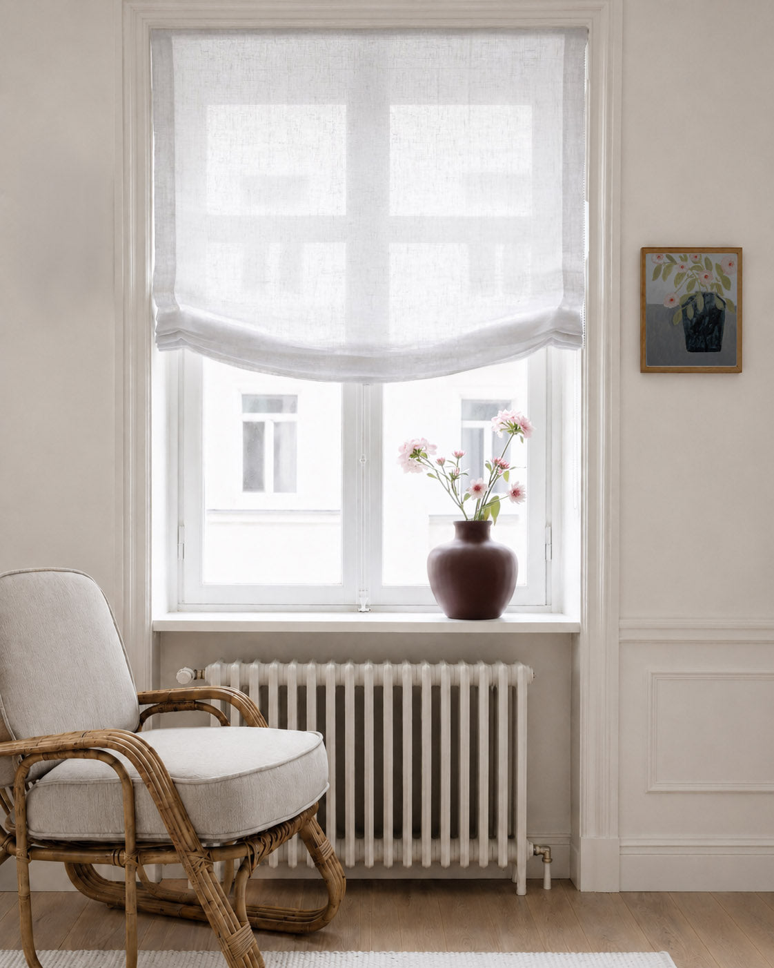 White Relaxed Blind in Sheer Linen Fabric with chair