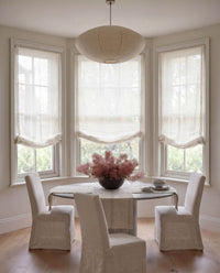 White Linen Roman Blinds for Bay Window. Sheer Relaxed Style for Dining Room and Living Rooms.
