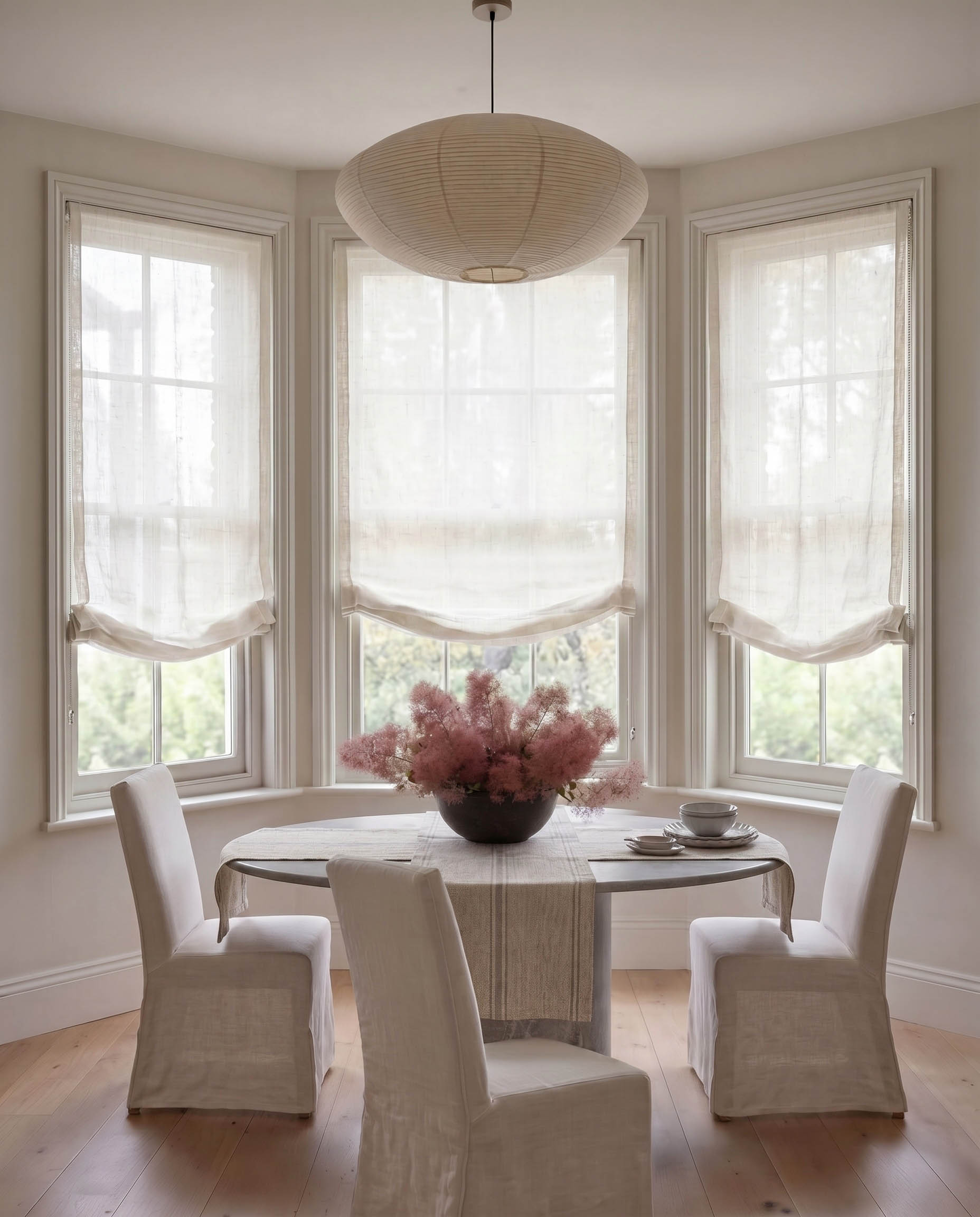 White Linen Roman Blinds for Bay Window. Sheer Relaxed Style for Dining Room and Living Rooms.