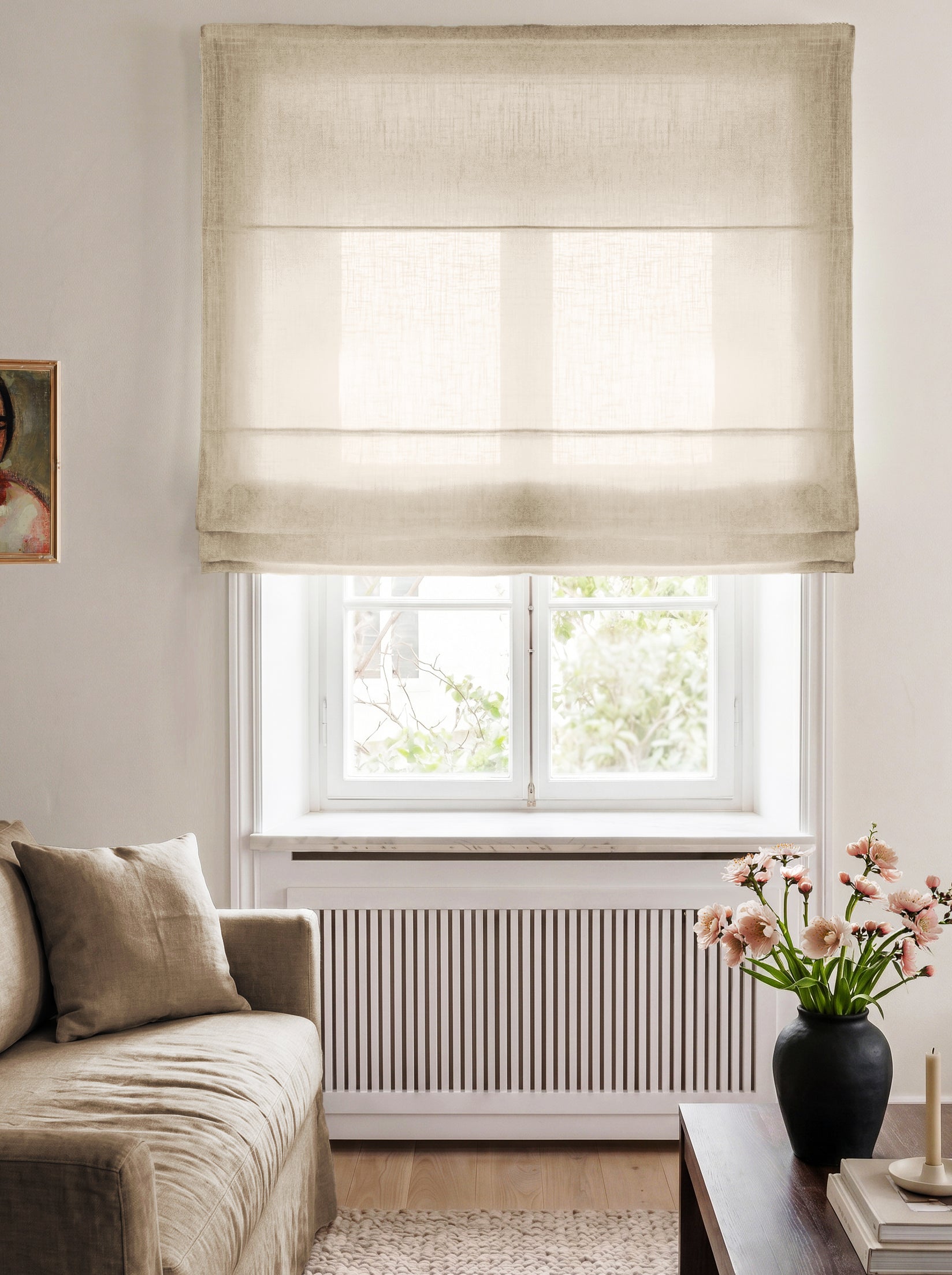 Unlined Linen Roman Blind - Living Room here image