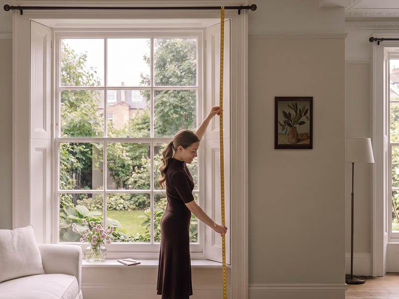 Measuring Guides for Made to Measure Curtains and Roman Blinds. Lady measuring window