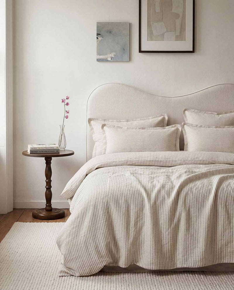 White Natural Striped Natural Linen Bedding in Bedroom - Image shot by Ada & Ina