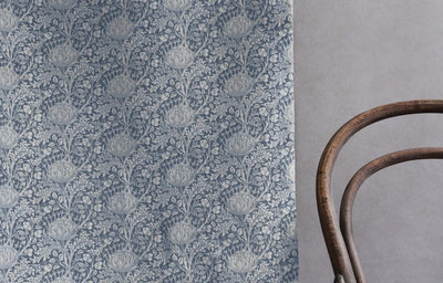 Katarina Agate Blue - White linen fabric with Blue floral print