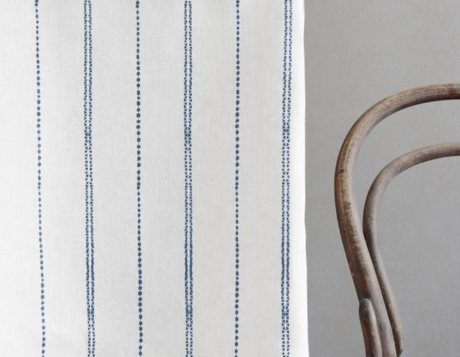 Inga Agate Blue - White fabric with Blue decorative stripes, 100% Linen