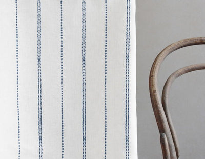 Inga Agate Blue - White fabric with Blue decorative stripes, 100% Linen