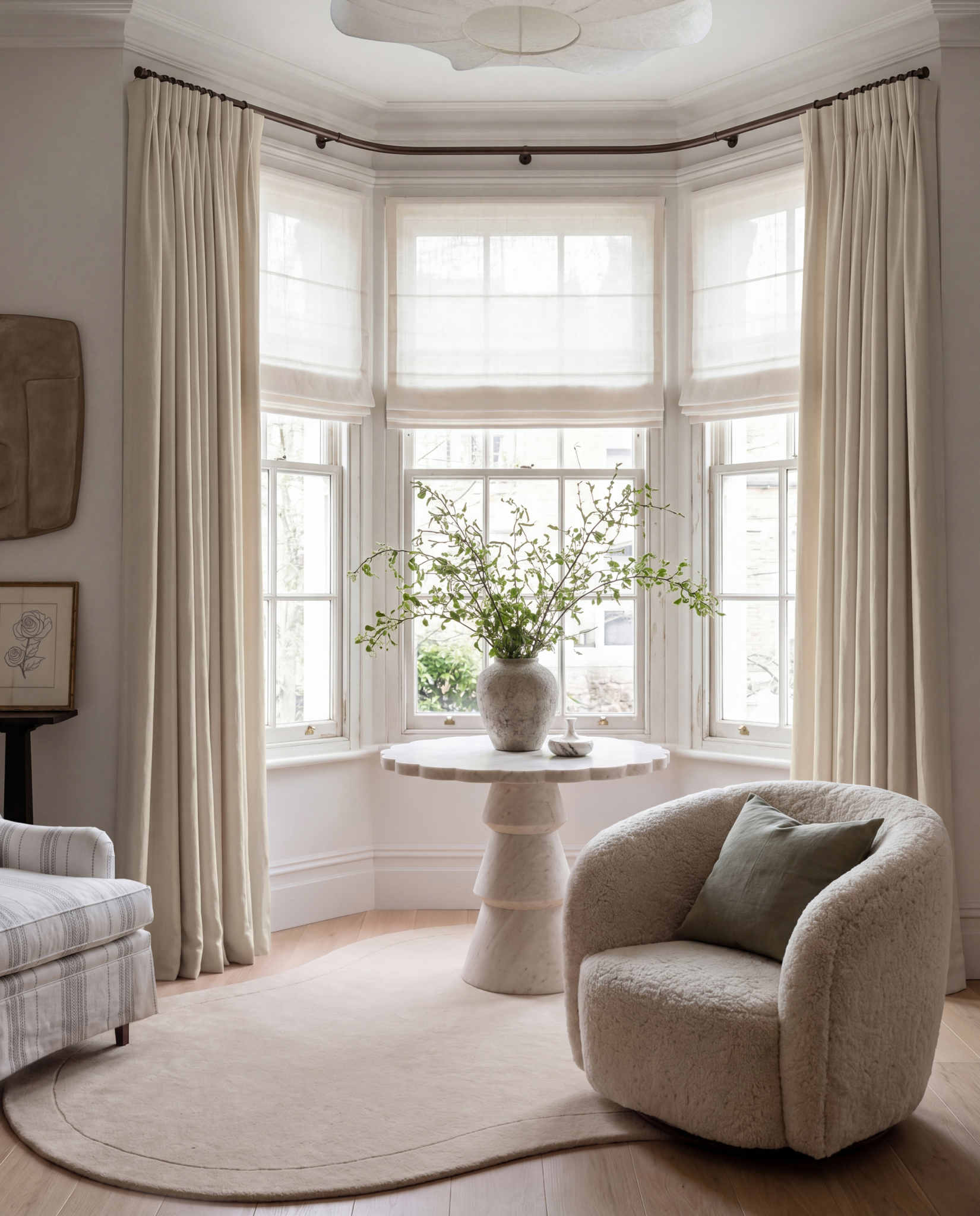 Beige 100% Linen Bay window curtains. Bea Light Oatmeal by Ada & Ina