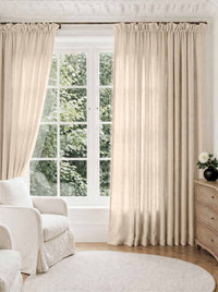 Beige Pleated Linen curtains for Living room. Made of pre-washed linen Bianco Dusk Beige by Ada & Ina.