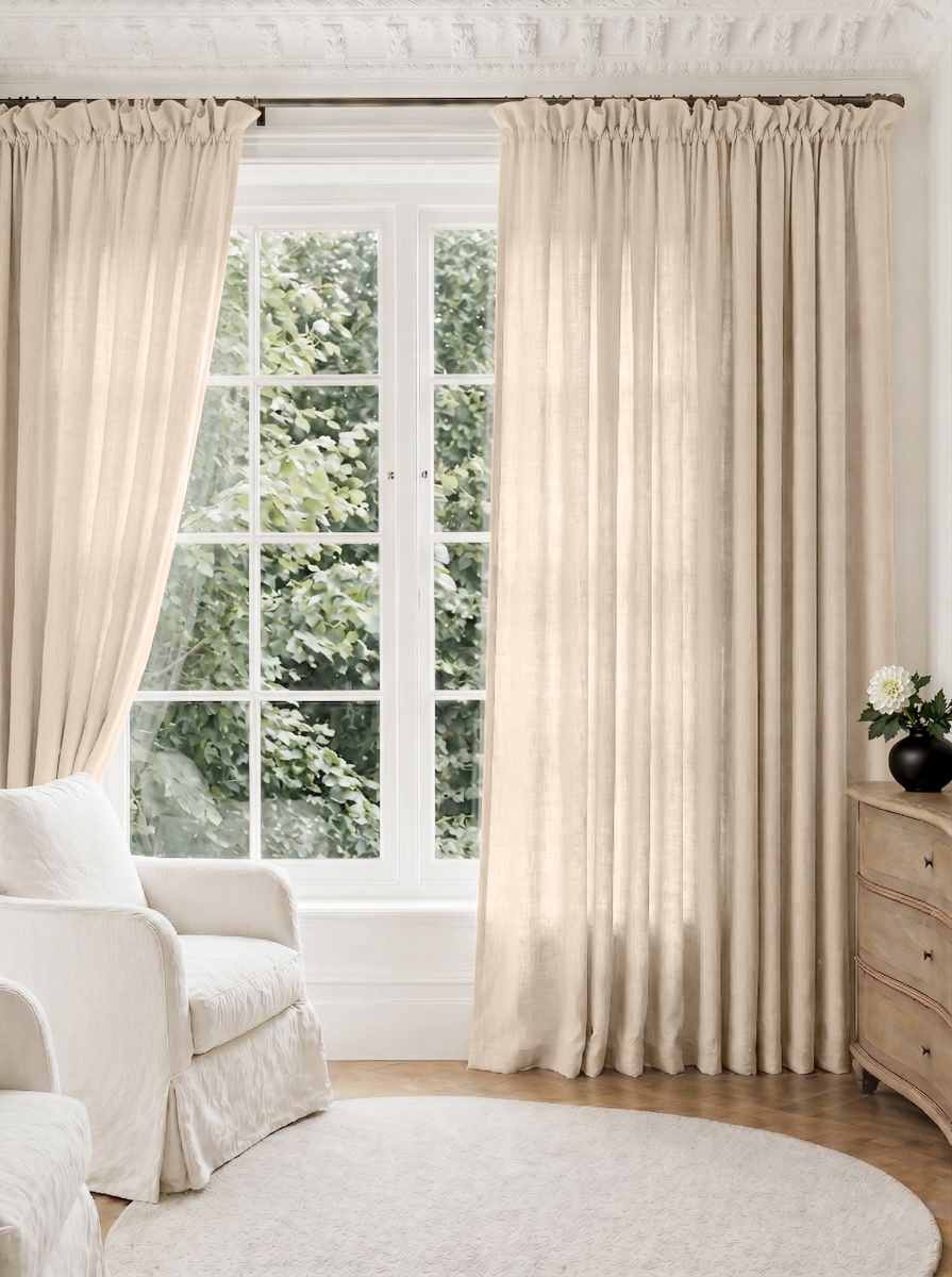 Beige Pleated Linen curtains for Living room. Made of pre-washed linen Bianco Dusk Beige by Ada & Ina.