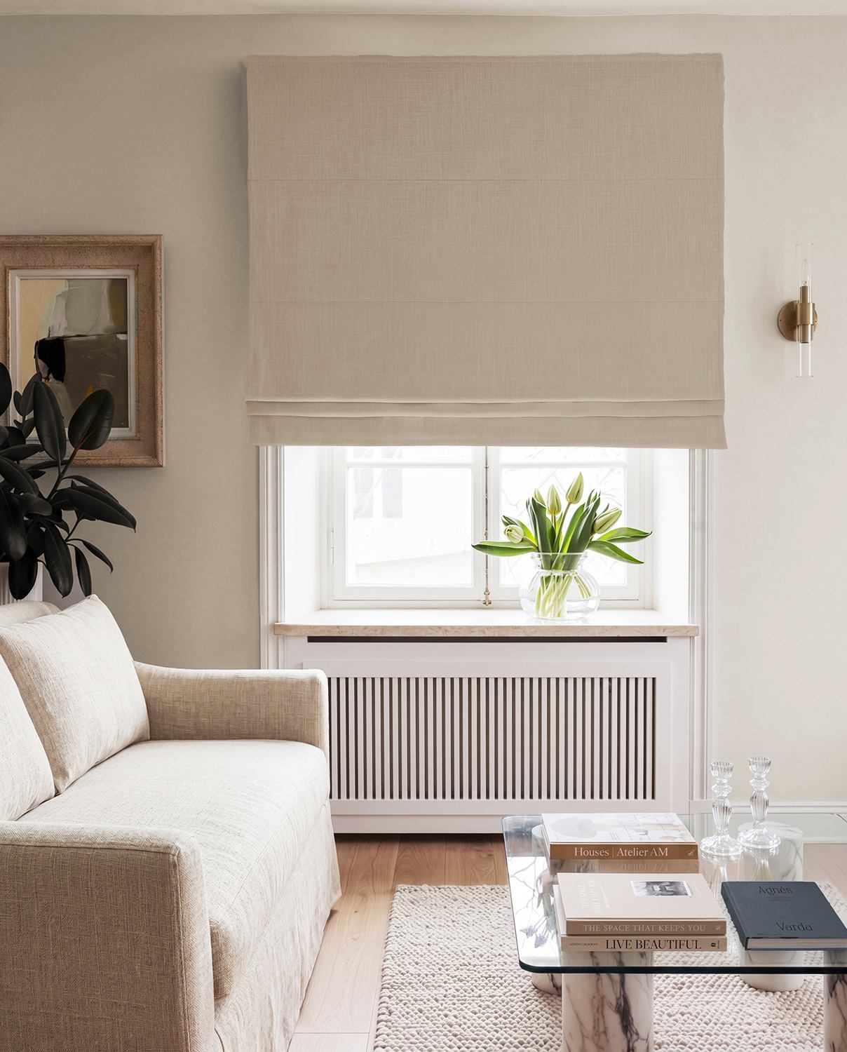Beige 100% Linen Roman Blind with Blackout lining. Bea Light Oatmeal by Ada & Ina Fabrics