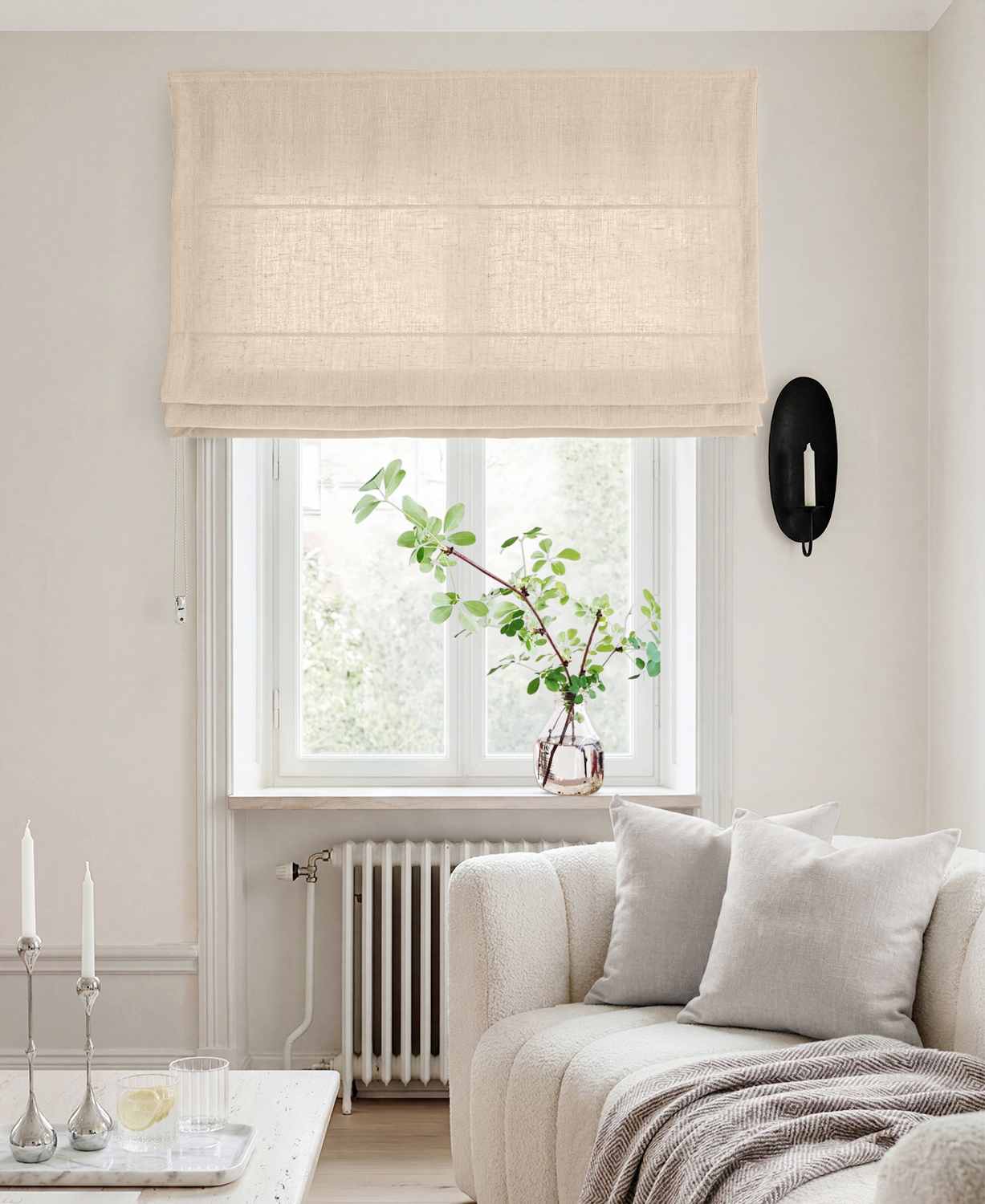 Beige Linen Roman blind - Cotton lined. Made of pre-washed 100% linen Bianco Dusk Beige by Ada & Ina.
