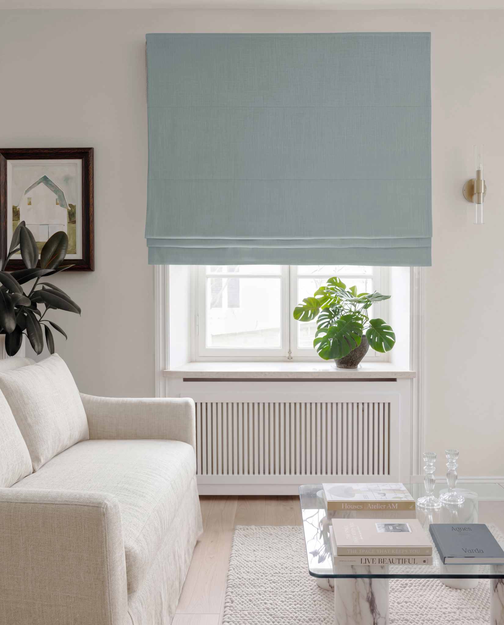 Blue Linen Roman blind blackout lined - pre-washed 100% linen. Bianco Dusky Blue by Ada & Ina.