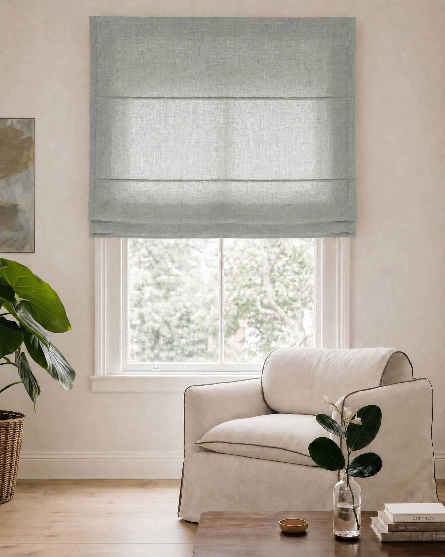 Blue Roman blind. Made of soft Linen Cotton fabric Enni Dusty Aqua by Ada & Ina