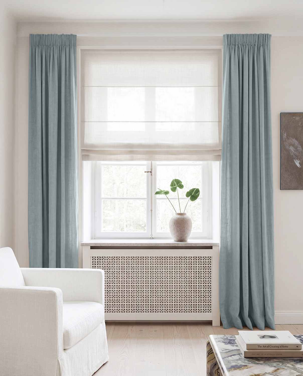 Blue Linen curtains blackout lined - pre-washed linen. Bianco Dusky Blue by Ada & Ina.
