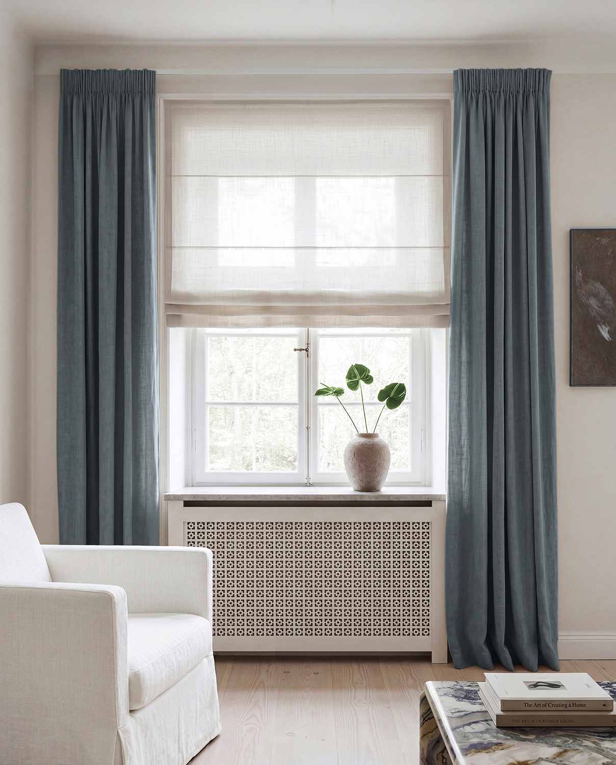 Blue Linen curtains blackout lined - pre-washed linen. Bianco Foggy Blue by Ada & Ina.