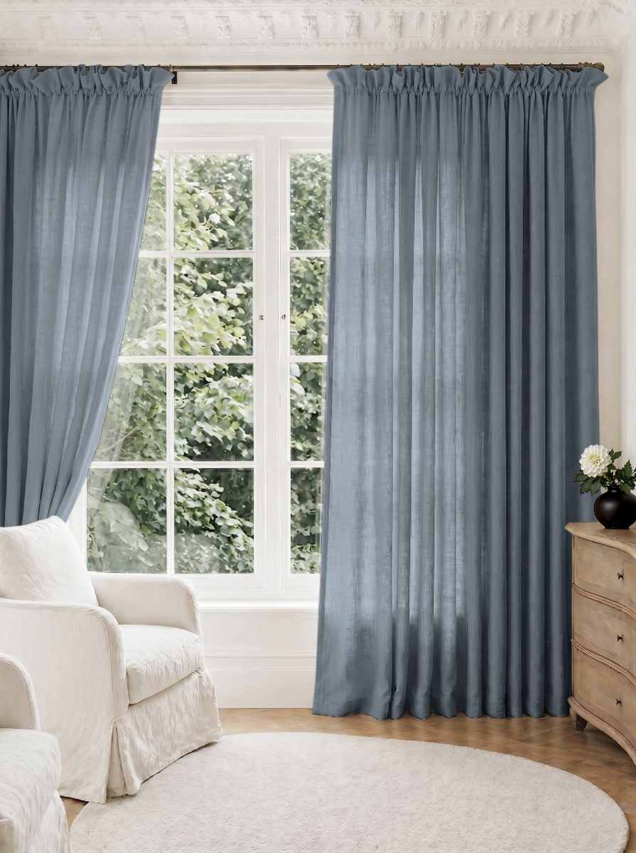 Blue Pleated Linen curtains for Living room. Made of pre-washed linen Bianco Blue Grey by Ada & Ina.