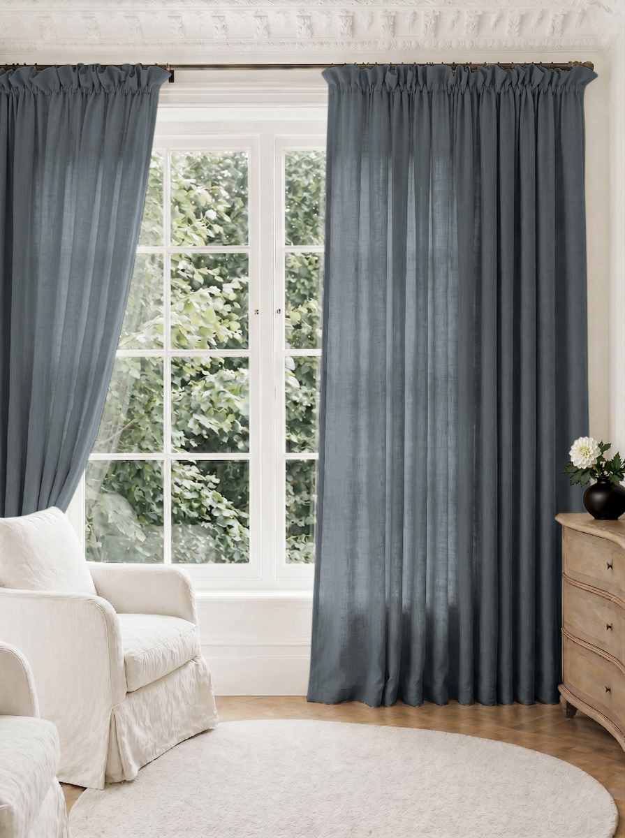 Blue Pleated Linen curtains for Living room. Made of pre-washed linen Bianco Foggy Blue by Ada & Ina.