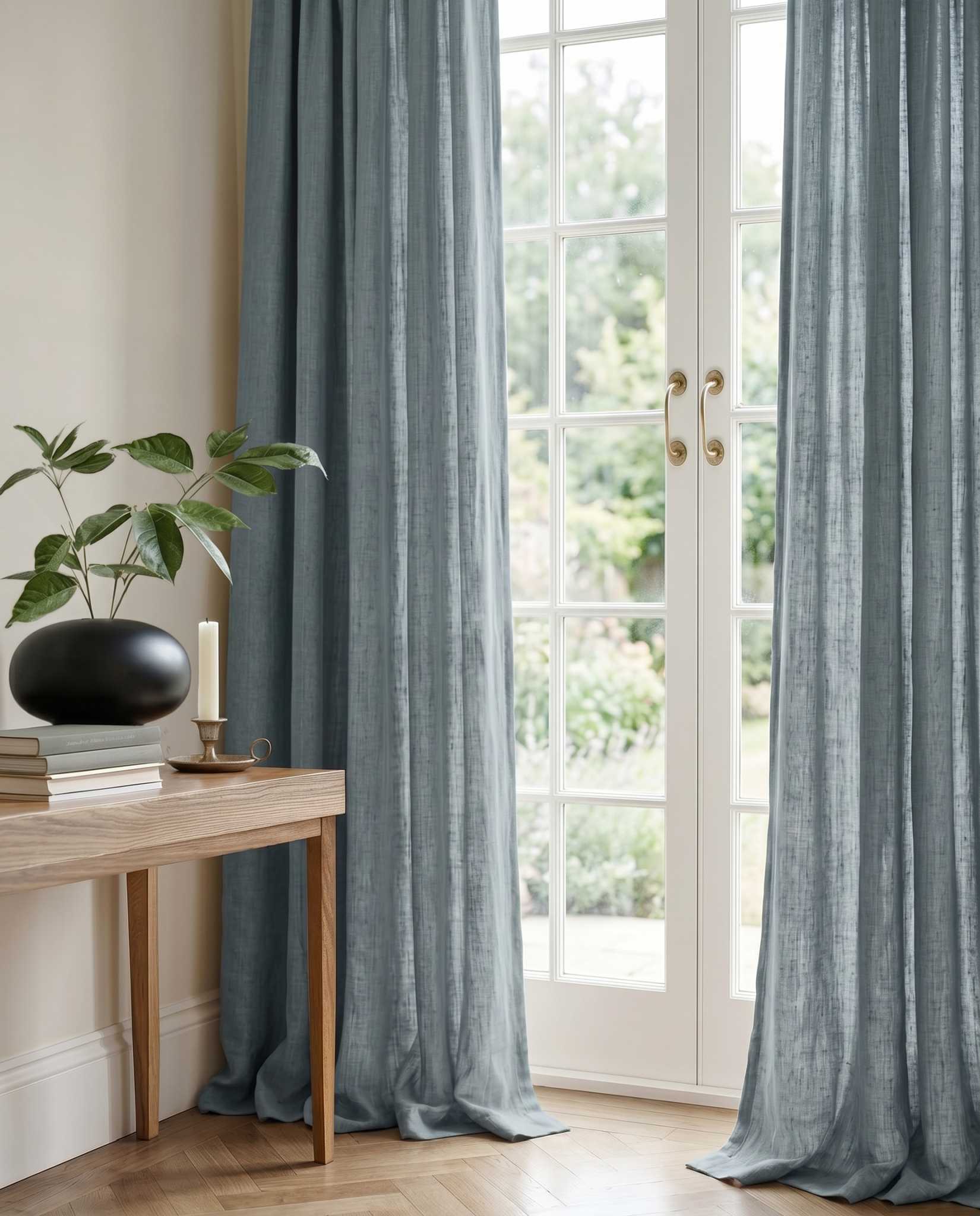 Blue Linen Curtains with puddling. 100% Linen - Bea Blue Haze.