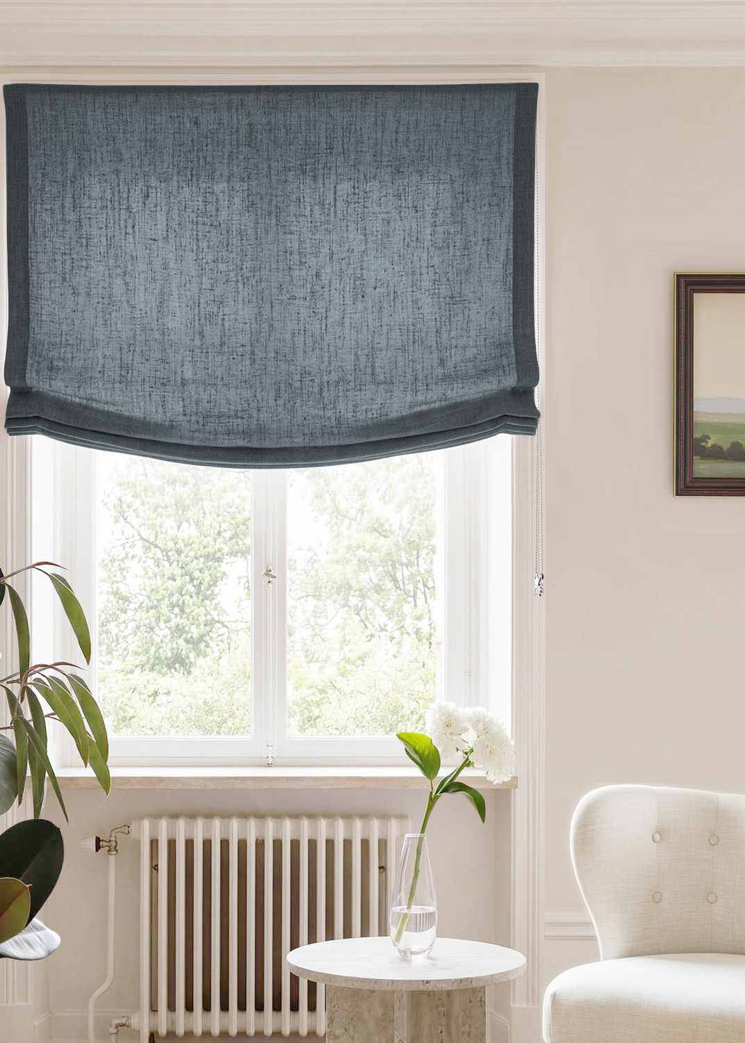 Blue Relaxed linen blind - pre-washed. Bianco Foggy Blue by Ada & Ina.