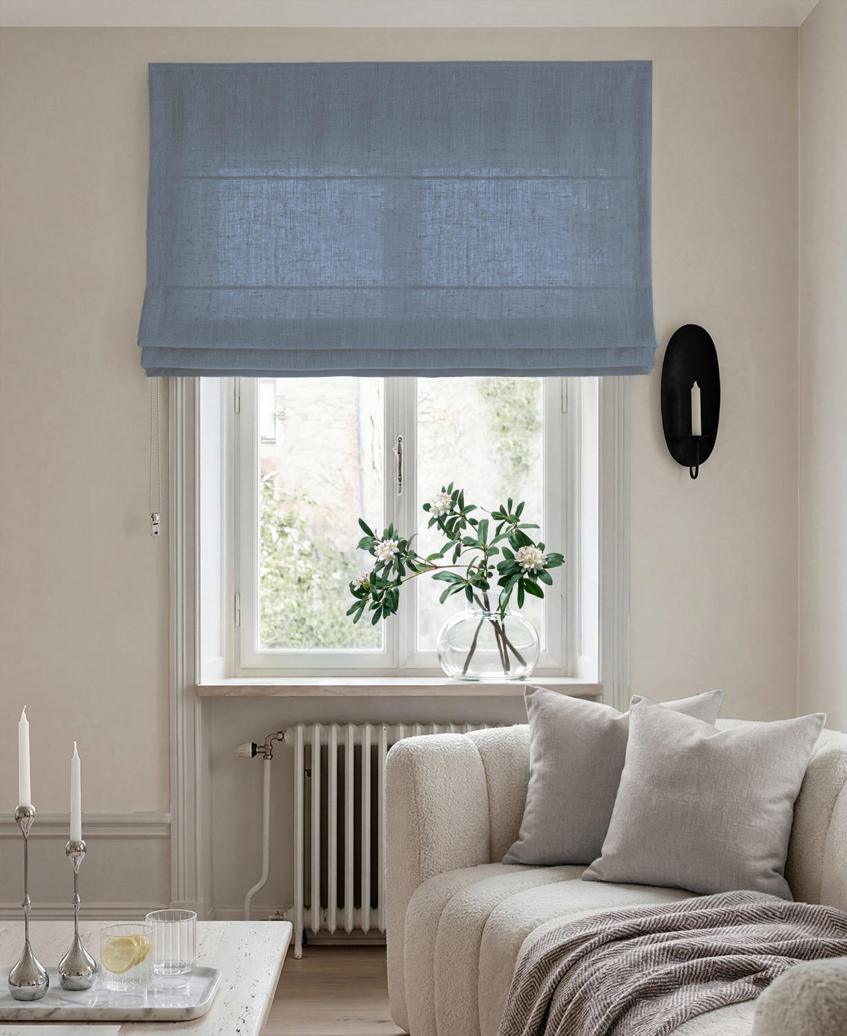 Blue 100% Linen Roman blind. Bea Blue Haze by Ada & Ina Fabrics