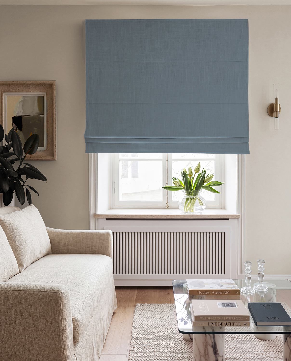Blue 100% Linen Roman Blind with Blackout lining. Bea Blue Haze by Ada & Ina Fabrics