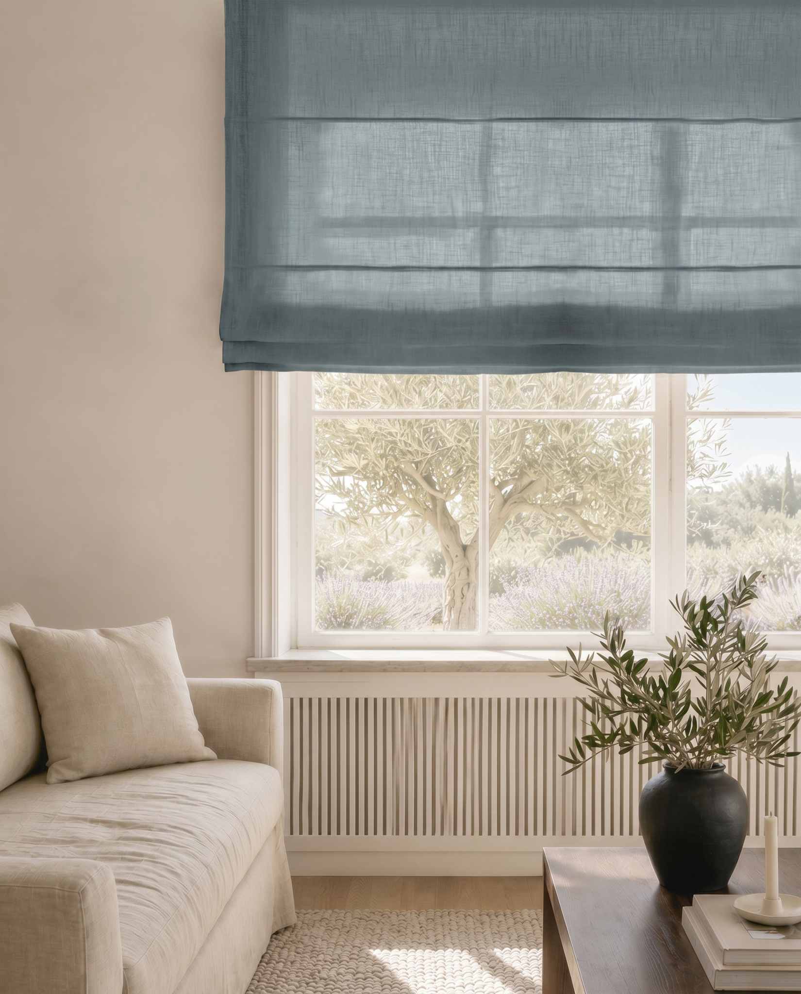 Blue Linen Roman blind. Mariana Blue River by Ada & Ina