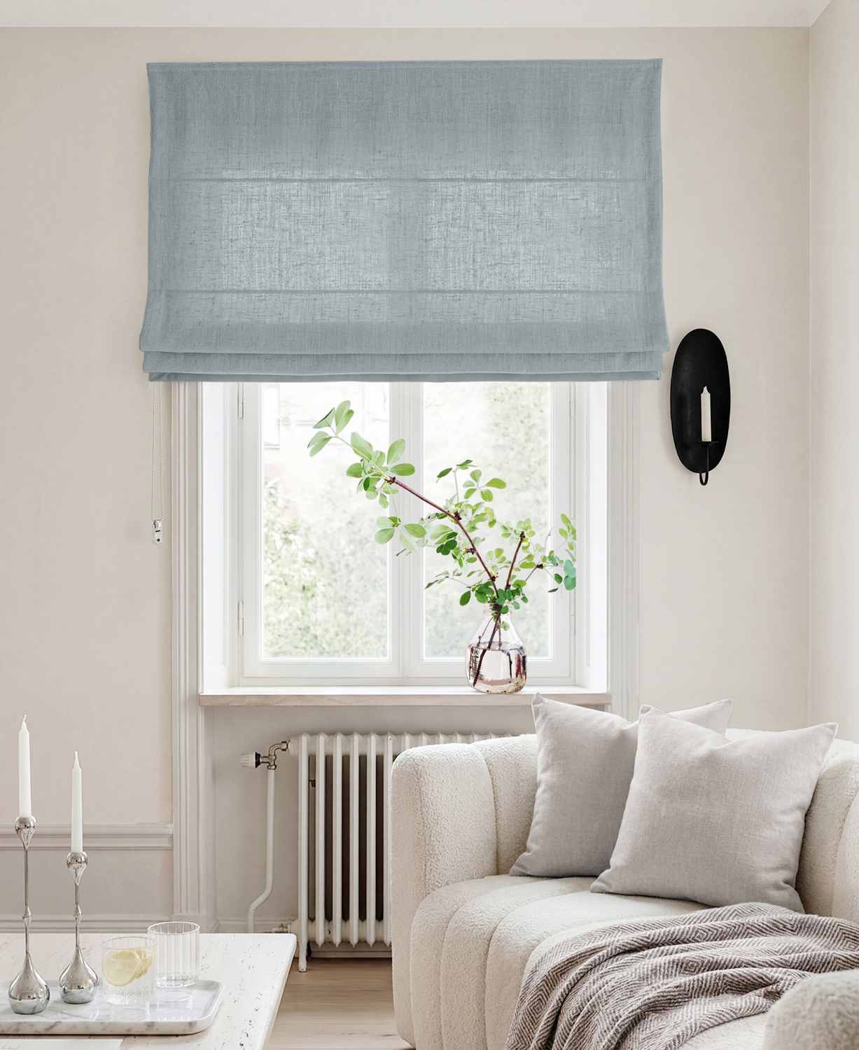 Blue Linen Roman blind - Cotton lined. Made of pre-washed 100% linen Bianco Dusky Blue by Ada & Ina.