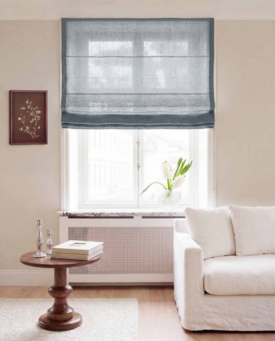 Greyish Blue Linen Roman blind. Made of 280 cm wide soft 100% Linen fabric Vilgot Lake Blue by Ada & Ina