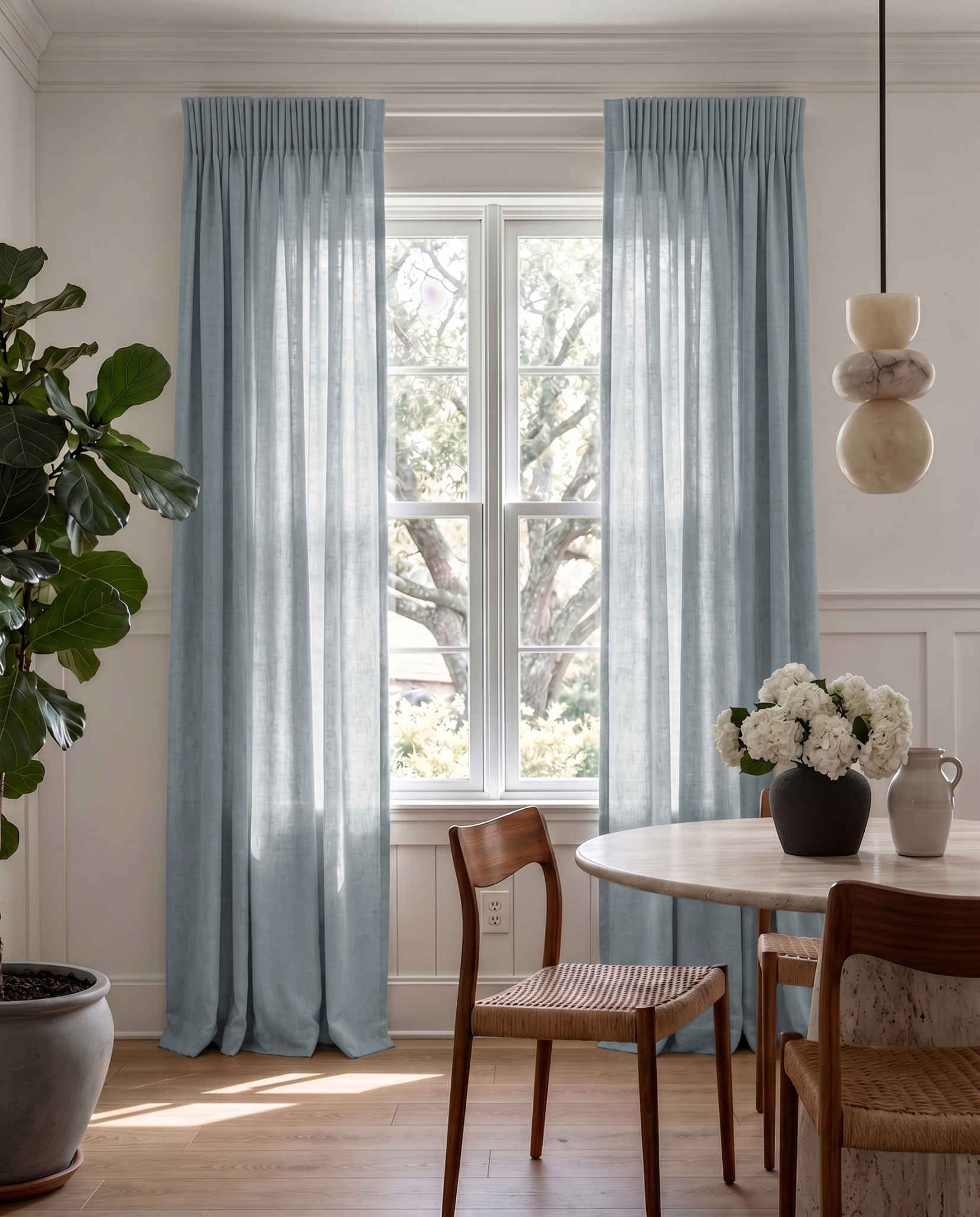 Blue 100% Linen Unlined curtains - Pencil pleat heading. Bea Beau Blue by Ada & Ina