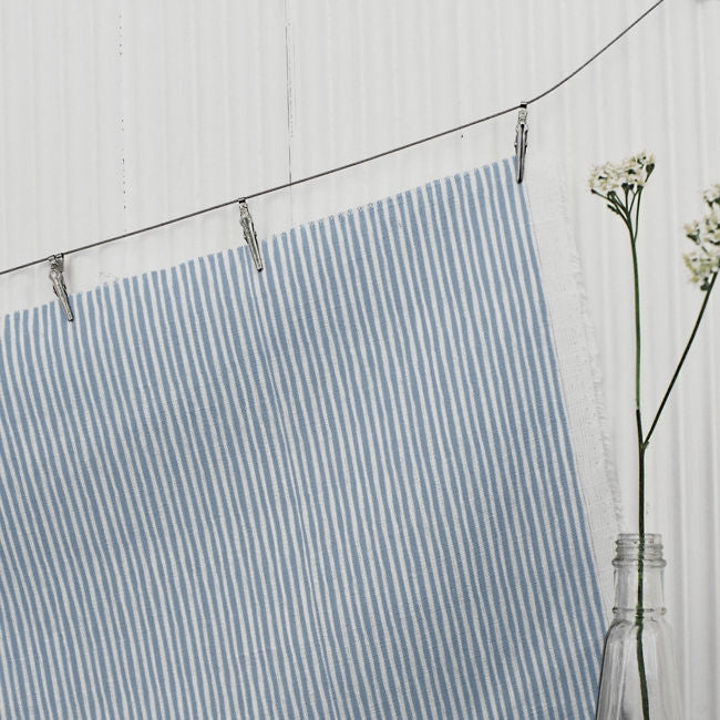 Maisa Blue Mist - Linen curtain fabric, Blue stripes