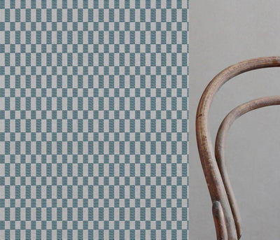 Sunni Blue Stone - Natural curtain fabric with Blue Checkered print
