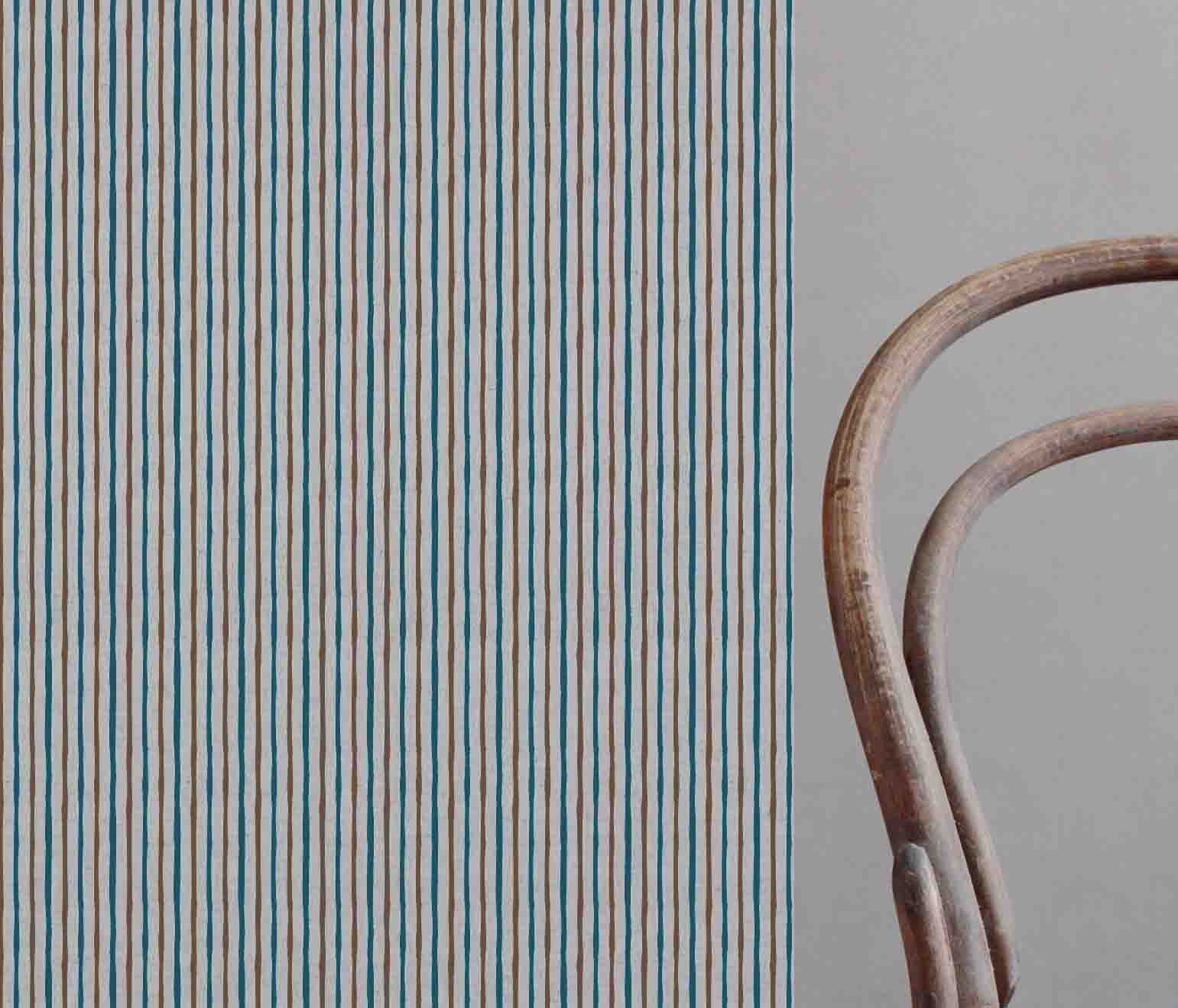 Evelina Blue Stone - Natural curtain fabric with Blue and Brown Striped print